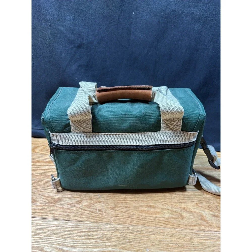 Vintage Canon Camera Bag Green Canvas Leather Trim Strap 12 x 8 x 8 Padded Case